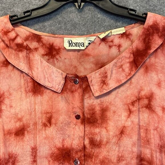 Vintage ROMANCE Top Medium Peach Blouson Tie-Dye Button Front Tunic Short Sleeve - Picture 3 of 16